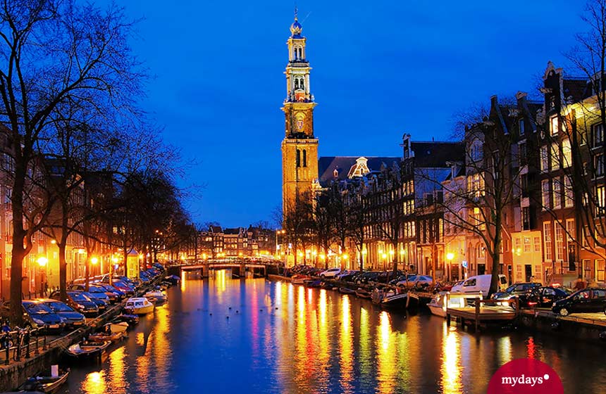Amsterdam bei Nacht Lichter Kanal